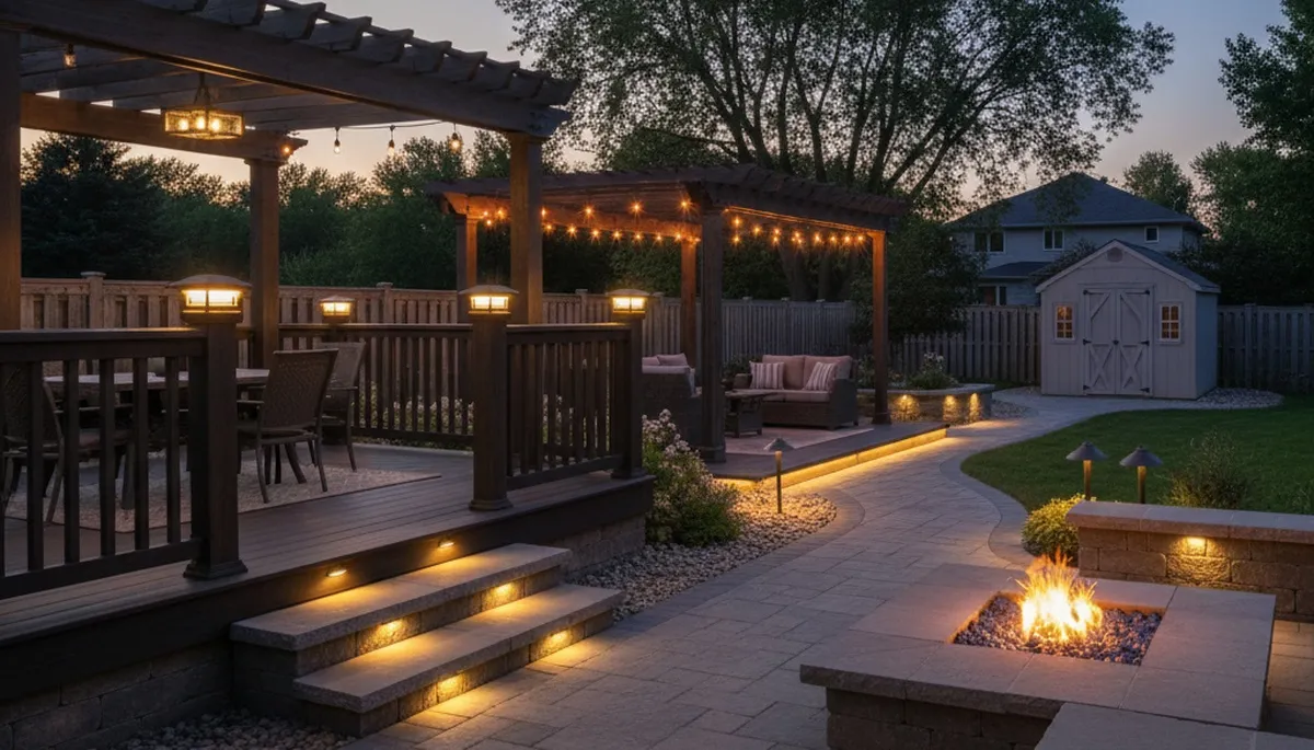 Illuminated deck and patio with post cap and step lights by Chop Chop Landscaping in Green Bay, WI