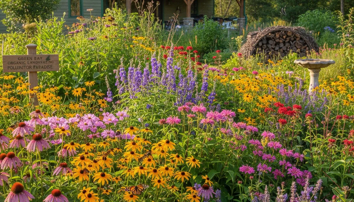 Native pollinator garden with bee-friendly flowers and butterflies by organic landscapers in Green Bay WI
