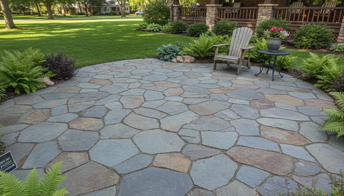 Flagstone patio with natural slate pavers installed by Chop Chop Landscaping in Green Bay, WI