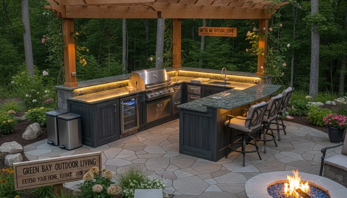 Luxury outdoor kitchen with pergola and lighting by Green Bay WI landscaping experts