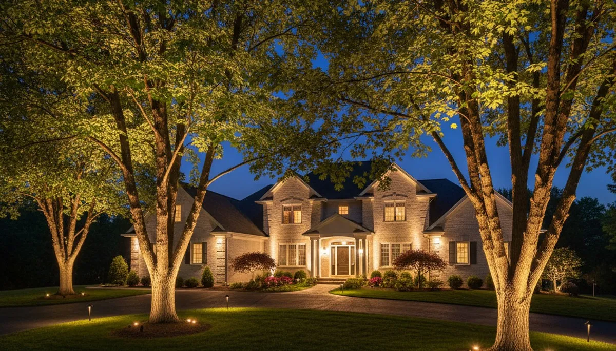 Uplit mature trees with professional landscape lighting creating dramatic shadows in Green Bay, WI